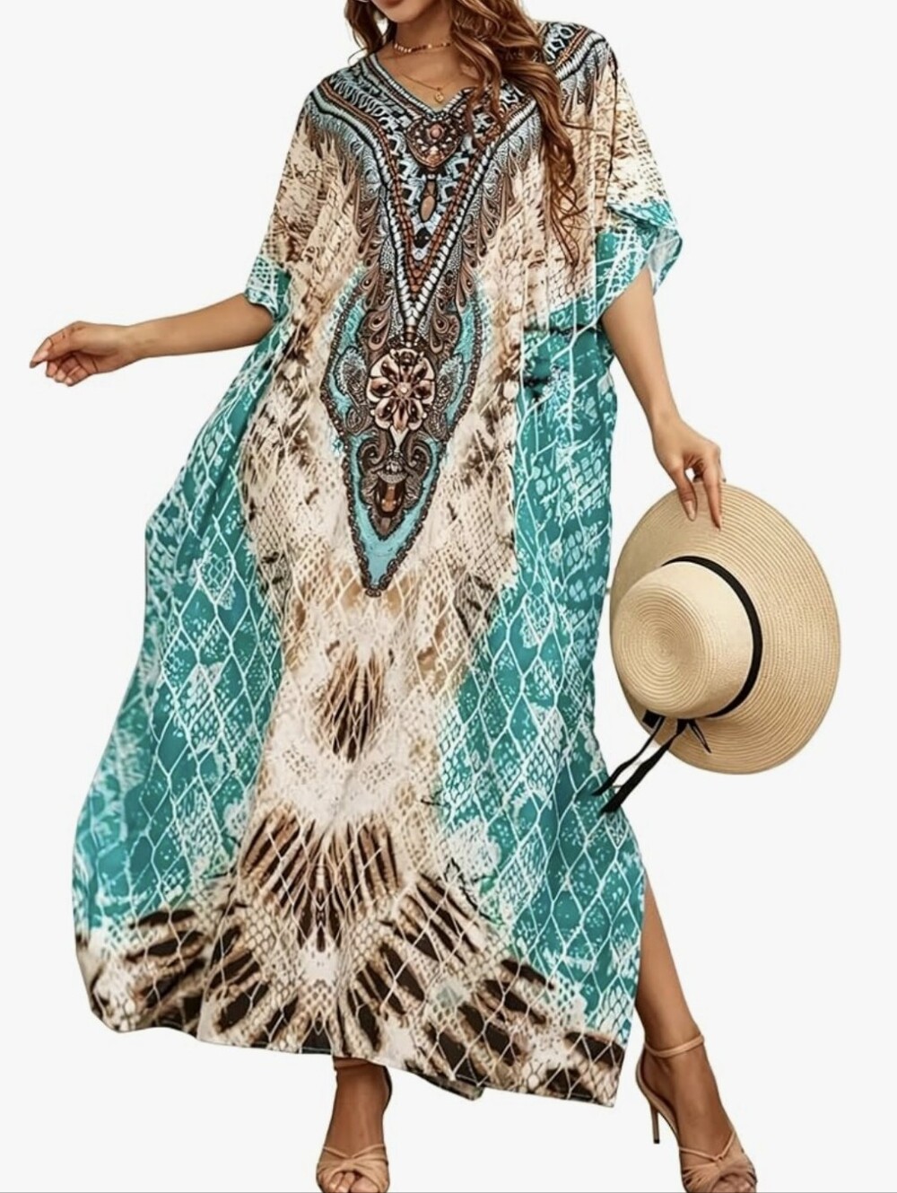 Turquoise & Beige Embellished V-Neck Caftan Dress